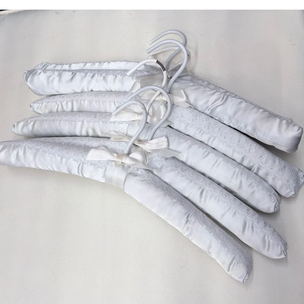 Vintage Padded Satin Hangers Set of 6 Silver Grey Lace Bow Bridal Lingerie